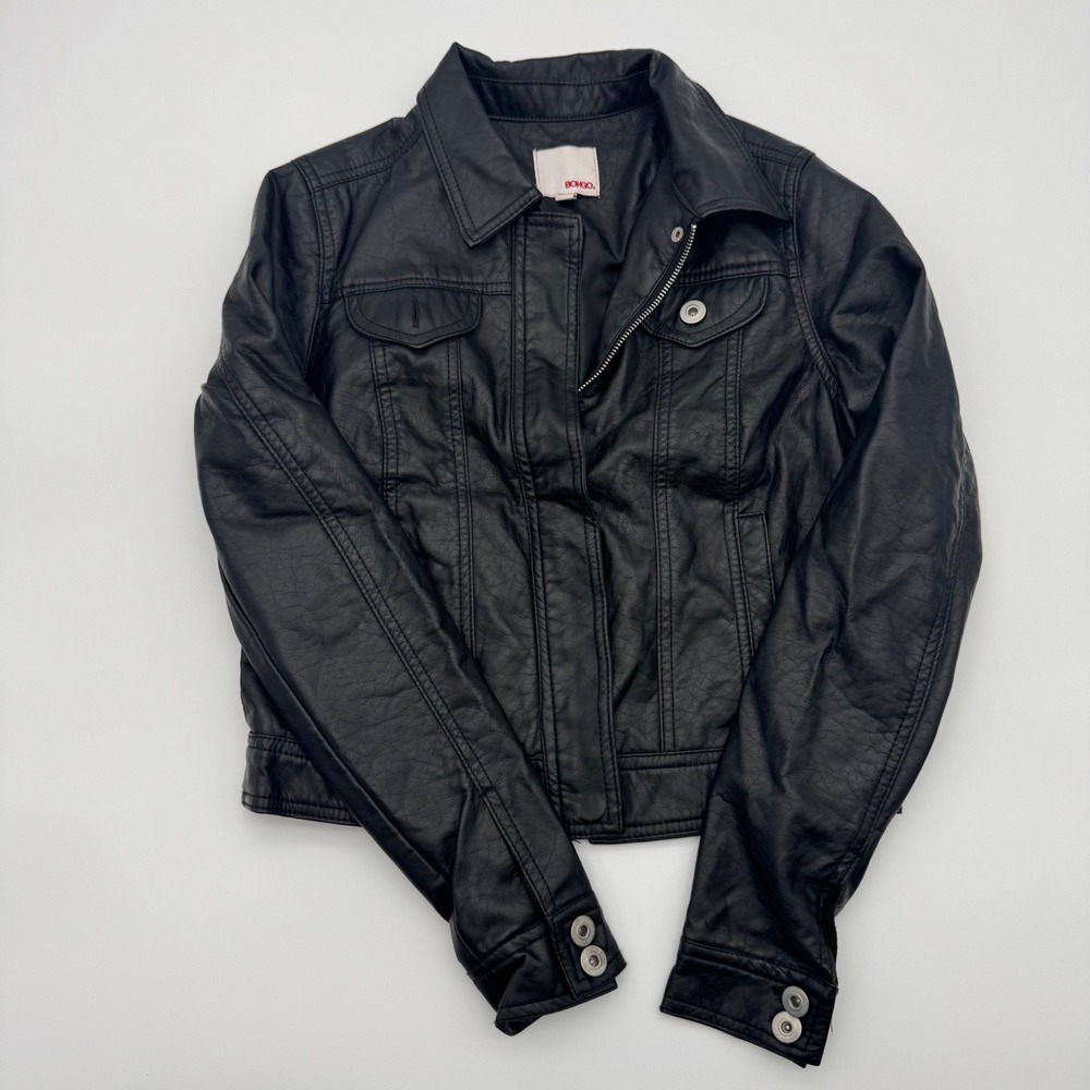 Bongo Women Black Faux Leather Biker Jacket Size M Vegan Moto Zip Front‎